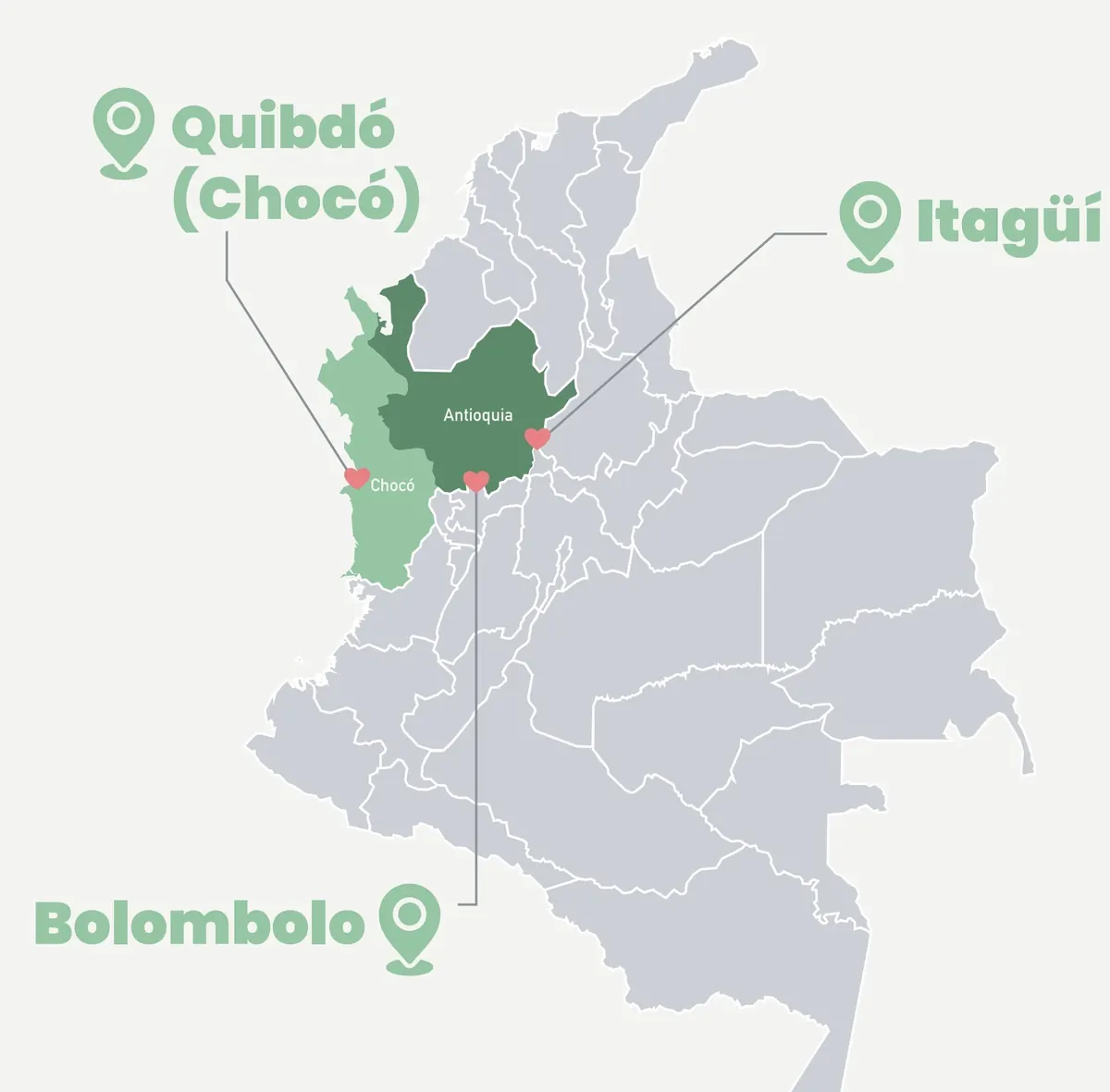 Mapa de Colombia con Quibdó (Chocó), Bolombolo e Itagüí señalados